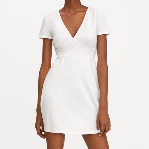 Zara Dresses & Skirts - Zara White Mini Dress Small Short Sleeves V-Neck A-Line Graduation Bachelorette